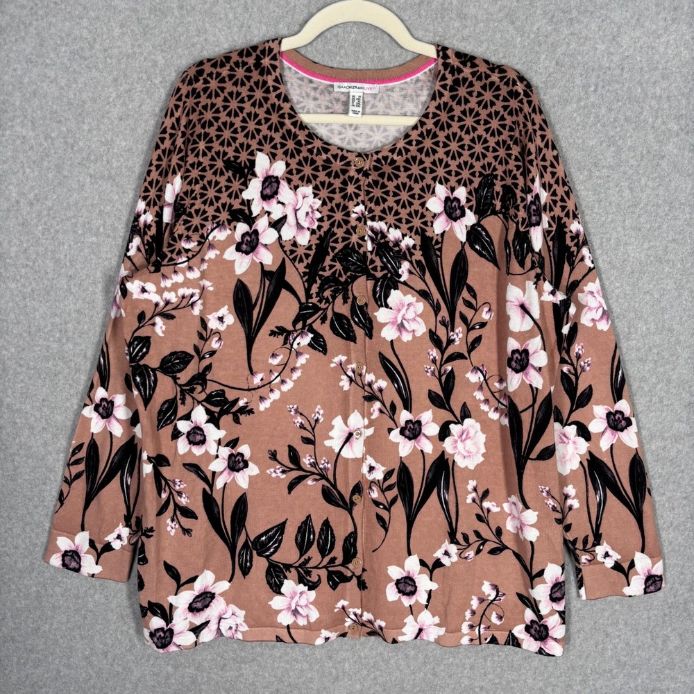 Isaac Mizrahi Neutral Floral Cotton Cardigan 1X Tan Knit Cotton Poly Thin Button